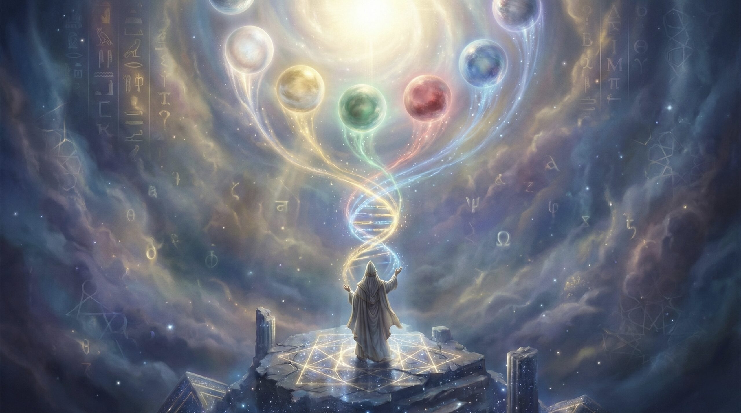 Mystická ilustrácia zobrazujúca postavu Hermesa Trismegista hľadiaceho na sedem žiariacich nebeských sfér, z ktorých prúdi svetlo formujúce špirálu duchovnej DNA. Snový vesmírny výjav symbolizujúci prepojenie astrológie, starovekej múdrosti a ľudskej duše.